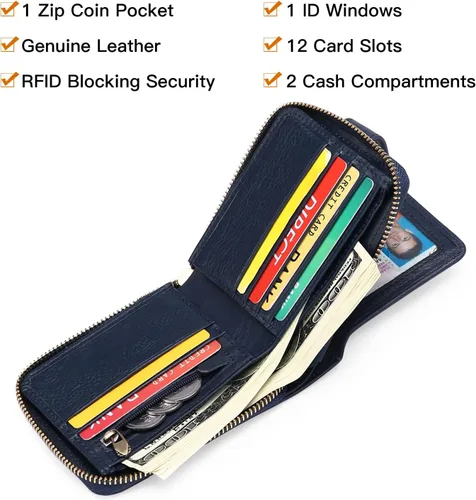Miniatura 17 de GOIACII Cartera con cremallera para hombre, de piel auténtica, con bloqueo RFID, con cremallera, bolsillo para monedas, para identificación, con Café