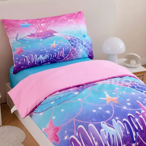 Miniatura 9 de ZRNBAST Juego de ropa de cama de sirena para niños pequeños, juego de edredón de escamas de pez de 4 piezas para dorados, color morado y azul, cama