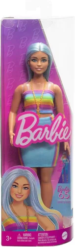 Miniatura 6 de Barbie Fashionistas - Muñeca #218 con cabello largo azul con parte superior extraíble de arcoíris y falda verde azulado, juguete coleccionable de 65