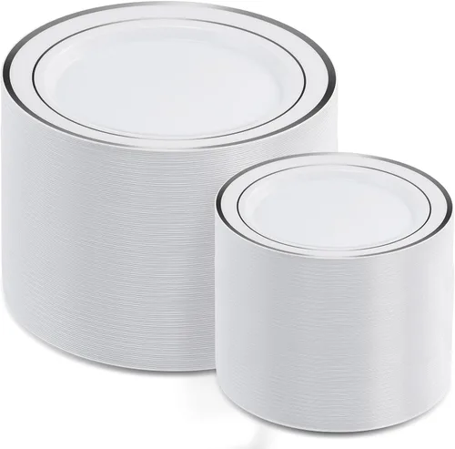AOZITA 200 platos de plástico plateados, platos desechables de plástico para fiestas, bodas y cumpleaños