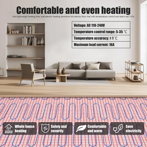 Miniatura 2 de hatleues Alfombrilla de calefacción de piso, 32 pies cuadrados con termostato programable digital y parte trasera adhesiva, cuatro modos de control