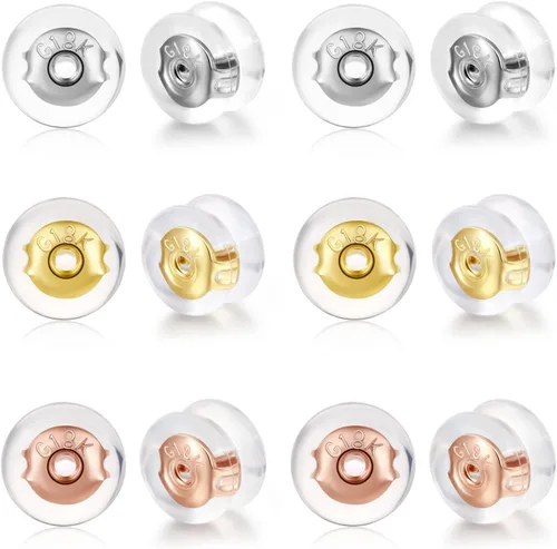 Respaldos de Aretes de Oro de 18K con Cierre Seguro para Pendientes, Respaldos de Silicona de Repuesto para Pendientes/Orejas Caídas, Respaldos
