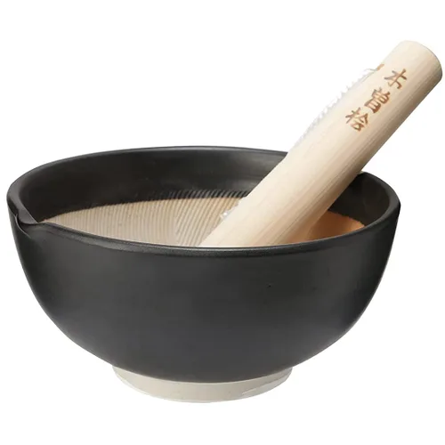 TIKUSAN Juego de mortero y mortero de cerámica Ripple Ridge (Suribachi y Surikogi) con boquilla fabricada en Japón Mino Ware (M, negro)
