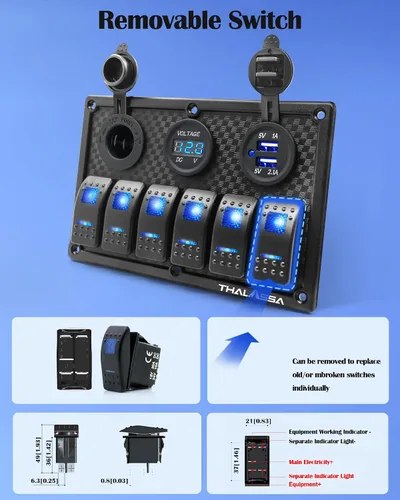 Miniatura 7 de Panel de interruptor basculante impermeable de 6 posiciones con pantalla digital LED azul, voltímetro, doble puerto de carga USB de 5 V, toma