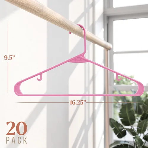 Miniatura 2 de Perchas de plástico para ropa, paquete de 20 unidades, ganchos de plástico color rosa, son la percha perfecta para colgar abrigos y ahorrar espacio
