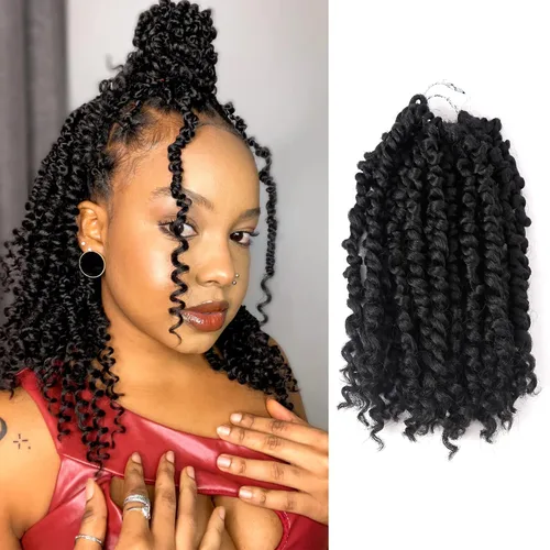 Cabello Passion Twist – 8 pulgadas Passion Twist Crochet Hair para mujer, 8 paquetes de cabello rizado pretrenzado Passion Twists extensiones de 1b