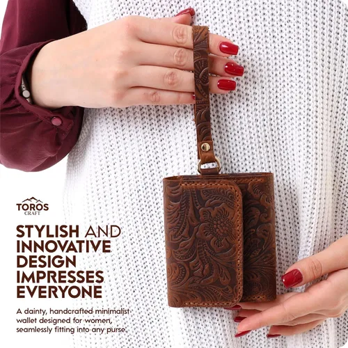 Miniatura 33 de Toros Craft Handmade Leather Wallets for Women, Western Wristlet Wallets, Floral Leather Small Credit Card Holder with Zipper, Minimalist & Cute