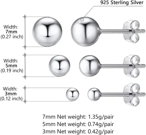 Miniatura 4 de PROSILVER 925 Sterling Silver Ball Stud Earrings, Hypoallergenic for Sensitive Ears, Womens Flat Back Studs, 3mm4mm5mm7mm, Come with Box