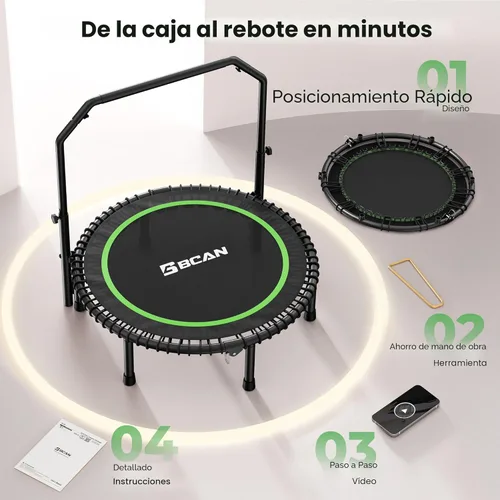 Miniatura 7 de BCAN BT2 - Mini trampolín de rebote de 450/550 libras para adultos con barra, trampolín de fitness con cuerdas elásticas, mango ajustable, estable