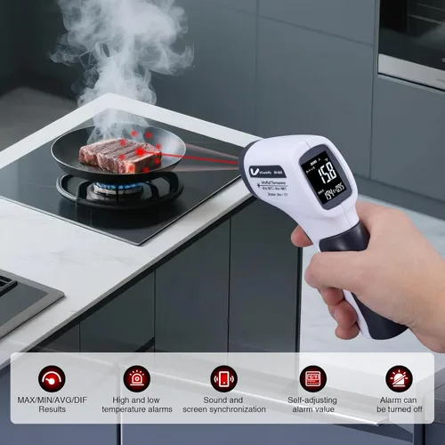 Miniatura 7 de Pistola de temperatura para carne, termómetro infrarrojo automotriz con anillo láser DS12: 1, pistola térmica digital con emisividad ajustable y Gris