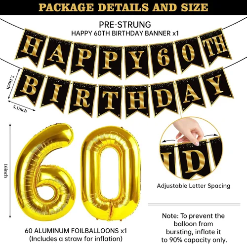 Miniatura 2 de Decoraciones de cumpleaños de 60 años para hombres y mujeres, pancarta de feliz cumpleaños número 60, globos de felicitación a 60 años, decoraciones