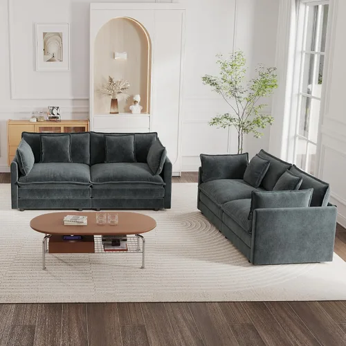 Miniatura 18 de mikibama Juego de sofá biplaza y sillón de lujo de 2 piezas, moderno juego de sofás nube tapizados de chenilla con 5 almohadas para sala de estar
