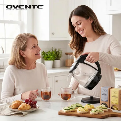 Miniatura 7 de OVENTE Hervidor eléctrico de vidrio de 1.5 L con luz LED azul, calentador de agua de encimera iluminado de 1100 W y caldera para café o té, apagado