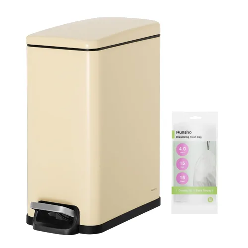 Miniatura 10 de Nunsino Cubo de basura pequeño para baño con 15 bolsas de basura, cubo de basura de acero inoxidable de 2.6 galones con tapa de cierre suave, Blanco