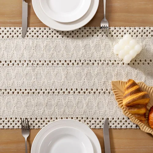 Miniatura 4 de Socomi Camino de mesa bohemio de verano rústico para comedor, cocina, centro de mesa, decoración pequeña de macramé de algodón y lino, camino