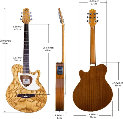 Miniatura 2 de Guitarra eléctrica acústica de 39 pulgadas, cuerpo delgado, afinador incorporado, cuerpo de acabado natural brillante de madera de fresno