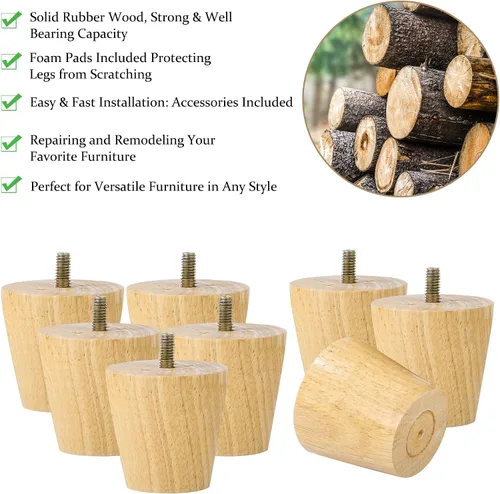 Miniatura 2 de uxcell Patas de madera para muebles, patas de sofá de 2 pulgadas, patas redondas de madera maciza, patas de sofá de color madera, patas de repuesto