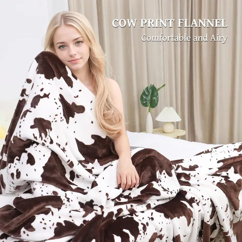 Miniatura 4 de Manta con estampado de vaca para sofá cama, mantas y mantas suaves de vellón mullido, decoración del hogar occidental marrón y blanco, para todas