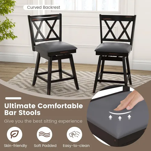 Miniatura 5 de COSTWAY Juego de 2 Taburetes de Bar para Isla de Cocina, Silla de Altura de Mostrador de 25 Pulgadas con Respaldo Ergonómico, Reposapiés, Superficie
