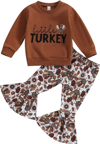 BemeyourBBs Conjunto de sudadera de manga larga de pavo para niña con pantalones acampanados, ropa de otoño