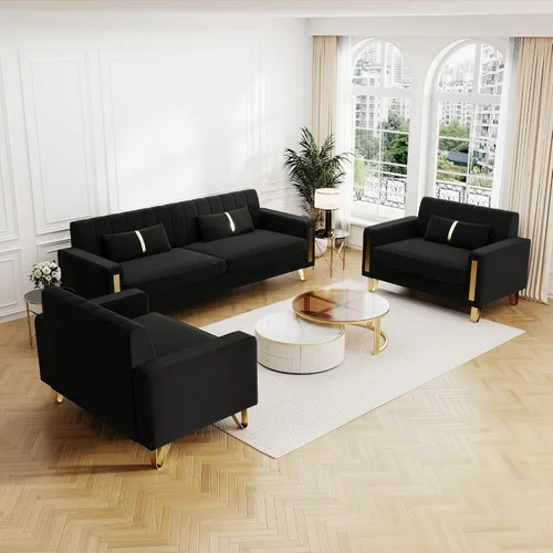 Miniatura 13 de Sofá cama modular de tela de terciopelo de 85.62 pulgadas, 3 asientos, fácil de montar con 2 almohadas de sofá, patas de metal dorado para sala