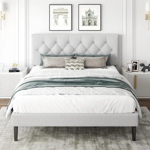 Miniatura 15 de CXVX Marco de cama de tamaño matrimonial con estructura de plataforma y cabecera tapizada, diseño con botones, listones de madera resistentes,