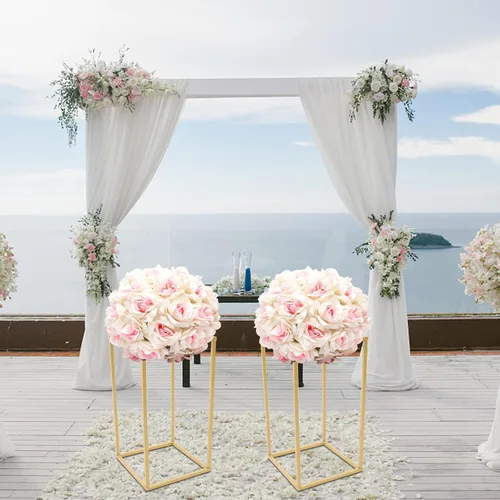 Miniatura 2 de DouSeiAi 2 piezas de soporte de flores de boda de metal para mesas, florero de plantas de flores, jarrón dorado alto, columna geométrica de flores