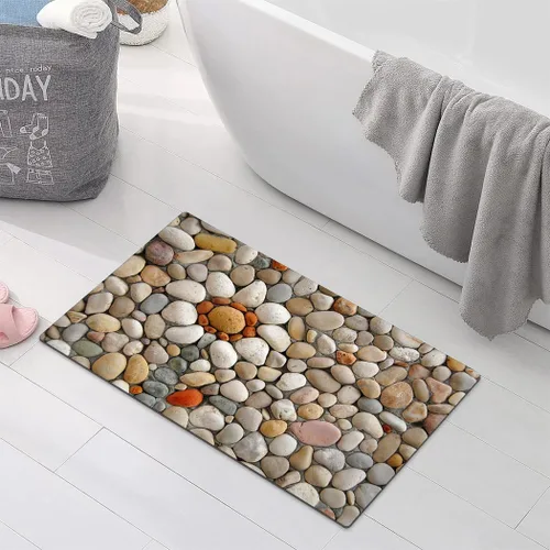 Miniatura 8 de Alfombra de baño con estampado de piedra de guijarro, antideslizante, lavable, patrón de adoquines, tapete de baño pequeño con parte trasera