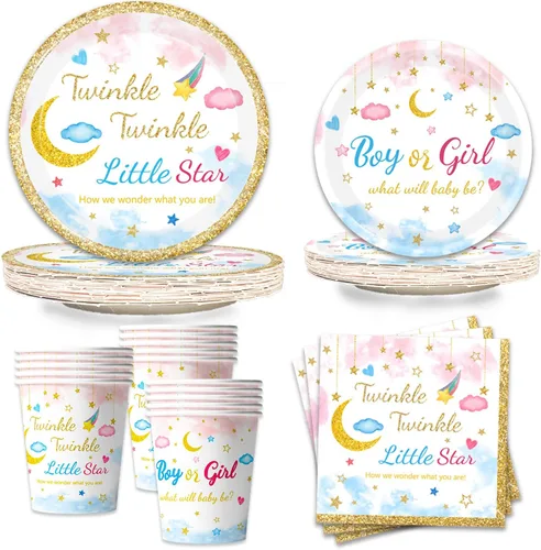 Juego de 96 piezas de vajilla Twinkle Twinkle Little Star para revelación de género, platos de baby shower, servilletas, tenedores, vajilla para