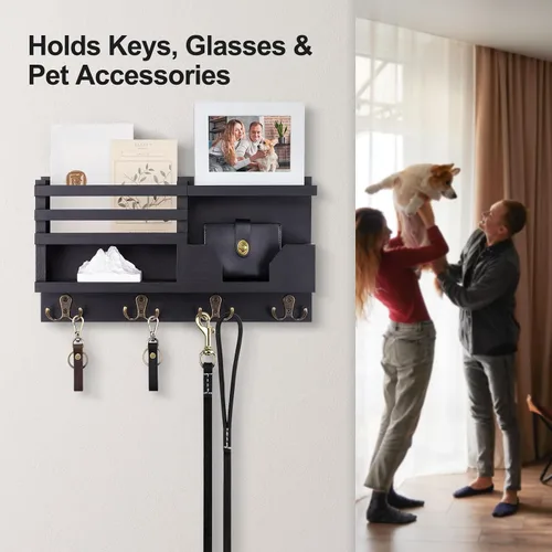 Miniatura 3 de Lwenki Organizador de Correo y Llavero para Pared - Organizador Decorativo de Entrada de 15.9" x 8.7" x 3.2" con Estante - Madera de Paulownia con 4