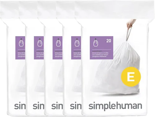 simplehuman Código E - Bolsas de basura con cordón de ajuste adaptable en paquetes dispensadores, 20 litros/5.3 galones, color blanco, 100 unidades