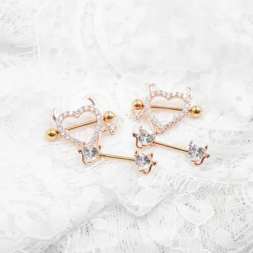 Miniatura 3 de BODY16G CZCZ Piercing para pezones de acero inoxidable 316L con forma de corazón de diablo con circonita cúbica para pezones piercing corporal