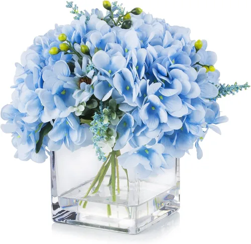 Miniatura 8 de ENOVA FLORAL Flores de hortensias sintéticas con jarrón, mezcla de flores de hortensias falsas y vegetación en jarrón con agua sintética