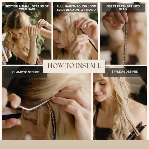 Miniatura 8 de 21 extensiones de cabello de color azul, kit de gallo de 9 a 14 pulgadas de largo, con 20 cuentas de microenlace, plumas 100% reales, estilo bohemio