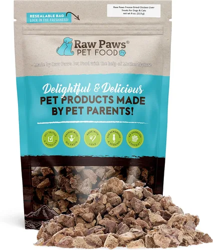 Raw Paws Golosinas liofilizadas de hígado de pollo para perros y gatos, 4 onzas, fabricadas en Estados Unidos, golosinas para el hígado para perros