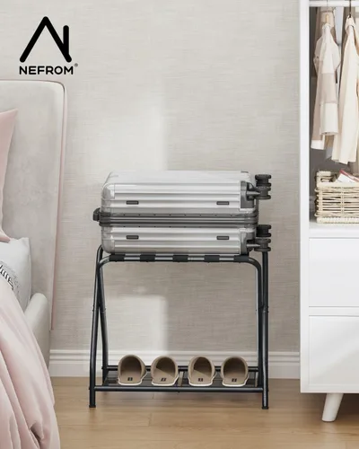 Miniatura 6 de Portaequipajes, soporte plegable para maleta con estante de almacenamiento, soporte de equipaje de metal para habitación de invitados, dormitorio