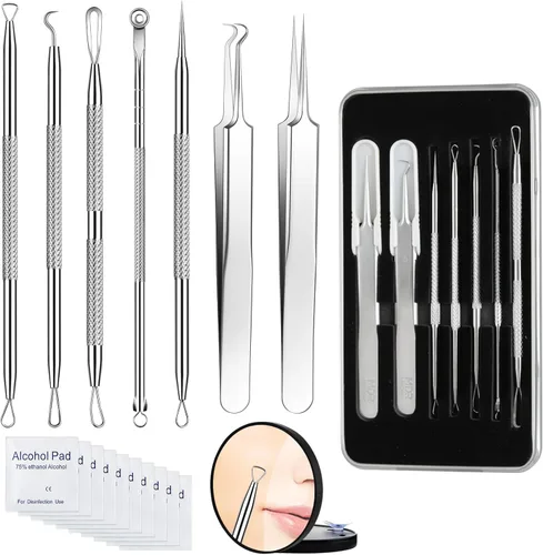 Kit de eliminación de puntos negros, extractor de comedona de acné de acero inoxidable con lupa 10X y 20 almohadillas de alcohol al 75%, eliminación