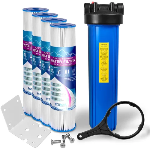 Miniatura 10 de Sistema purificador de filtro de agua azul de alta capacidad de 20 x 4.5 pulgadas para toda la casa con botón de alivio de presión, puerto de latón