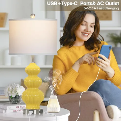 Miniatura 3 de Rinweey Juego de 2 lámparas de mesa de cerámica de triple calabaza, modernas lámparas de noche amarillas con puertos USB A+C y salida de CA, control