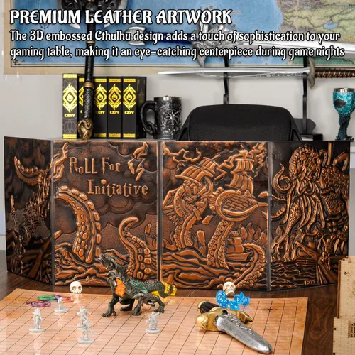 Miniatura 3 de CZYY DND Pantalla de Dungeon Master de Cuatro Paneles con Bolsillos, Cuero Sintético con Relieve 3D con Cthulhu - Incluye Insertos de Pantalla DM