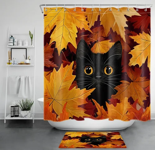 Miniatura 34 de LB Cortina de ducha de otoño para baño, divertido gato negro con fantasma en la bañera en el bosque de otoño, cortina de ducha de tela de cosecha