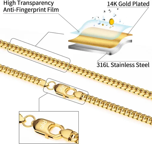Miniatura 3 de ROSIEYO Diamond Cut Miami Mens Cuban Link Chain Necklace, 14k Gold Cuban Chain Necklace, Silver Chain for Men Women Boys, 316L Stainless Steel