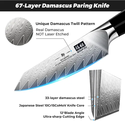 Miniatura 2 de SHAN ZU Cuchillo de pelar Damasco Cuchillo de fruta de 4 pulgadas Cuchillos de cocina profesional, Cuchillos de tallado de frutas de Damasco japonés