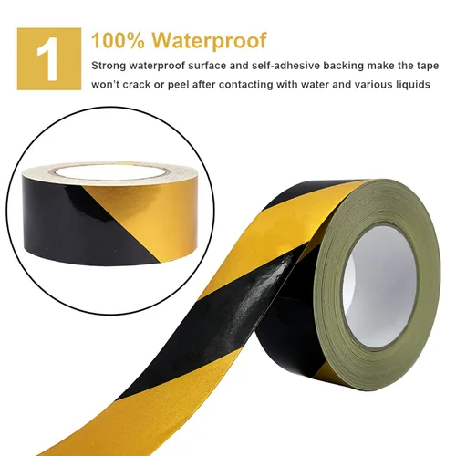 Miniatura 2 de Cinta de seguridad reflectante impermeable en rollo de 2"X150' amarilla y negra con rayas, cinta de marcación de piso, cinta de advertencia