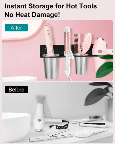 Miniatura 3 de Organizador de herramientas para el cabello, soporte para secador de pelo con copas de acero a prueba de calor, organizador de tocador acrílico