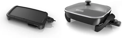 BLACK+DECKER Plancha eléctrica de tamaño familiar con bandeja de calentamiento y bandeja de goteo, GD2051B y Black & Decker SK1215BC sartén