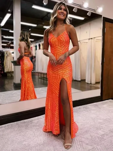 Miniatura 3 de TIRAS Vestidos de fiesta de lentejuelas de sirena 2024 cuello en V brillante correa de espagueti formal vestido de fiesta de noche con abertura CM251