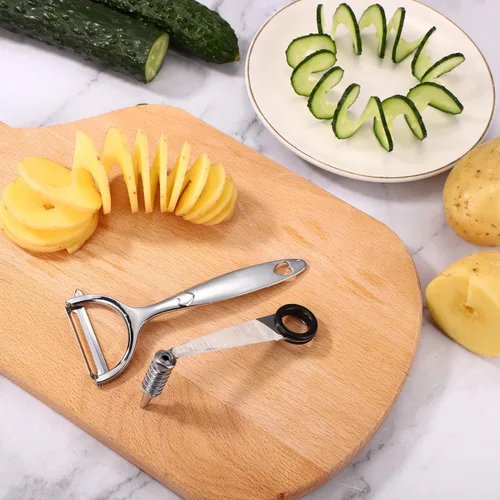 Miniatura 3 de Lyreh 2 cortadores en espiral de verduras y 1 herramienta en forma de V para pelar verduras, herramienta espiralizadora manual de acero inoxidable