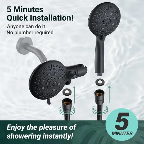 Miniatura 5 de Cobbe Combo de cabezal de ducha doble, sistema de ahorro de agua 2 en 1 con manguera de acero inoxidable de 59 pulgadas, lluvia de 1.8 GPM y Negro