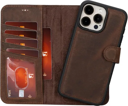Miniatura 15 de Bayelon Funda tipo cartera para iPhone 15 Pro Max, de cuero de grano completo, cubierta abatible magnética desmontable, tarjetero, funda tipo Marrón